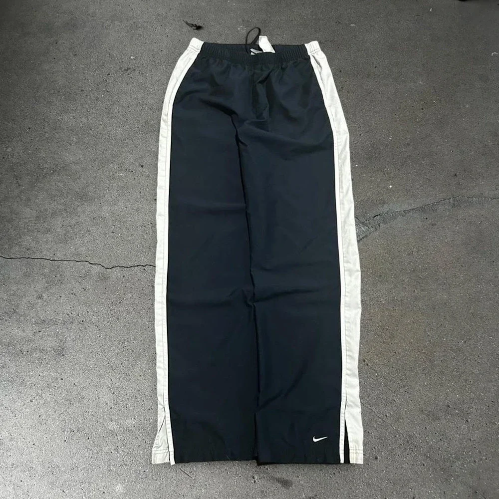Y2K women's Nike grey tag navy blue and white baggy flare track pants Size M